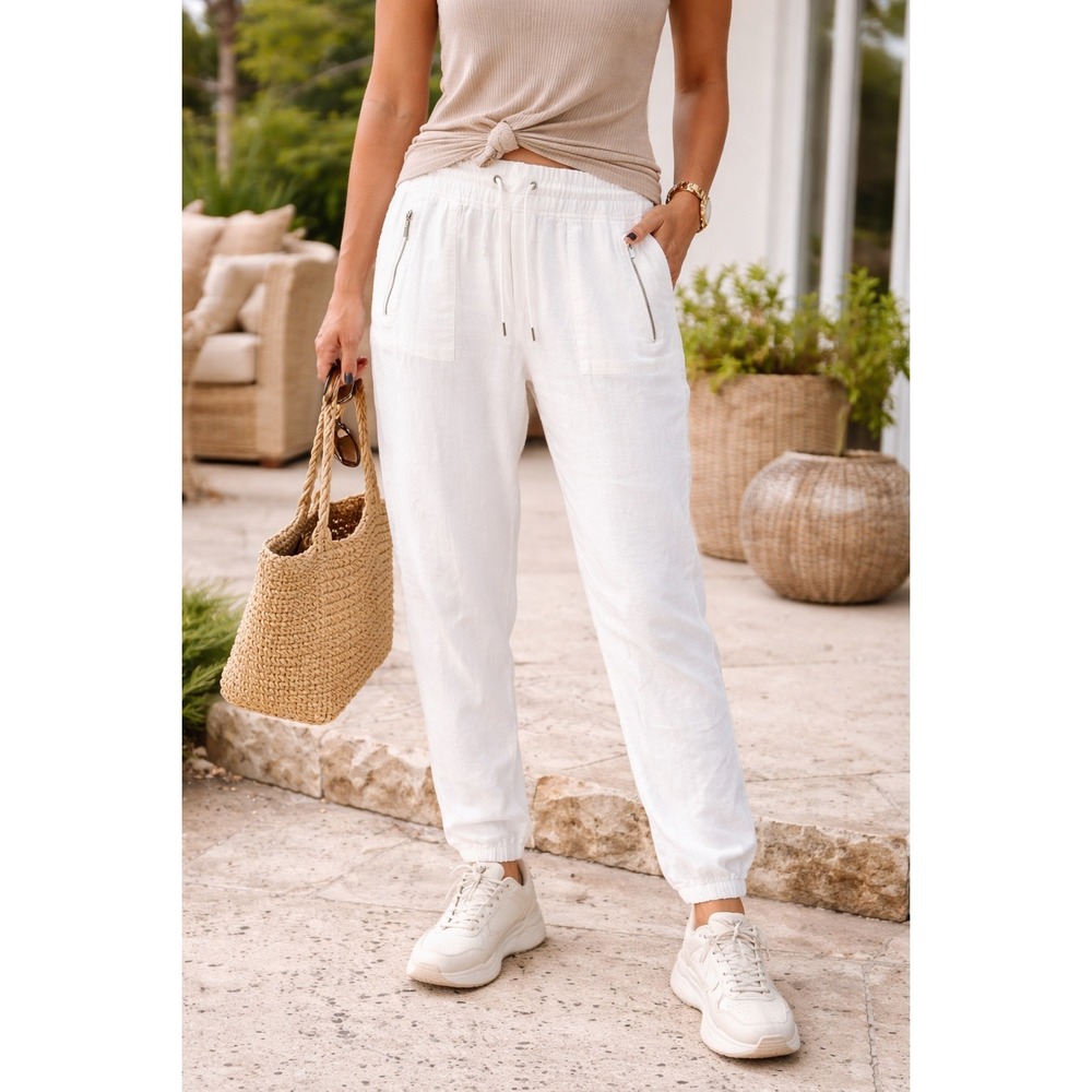 Athleta Cabo Linen Jogger Pants White Size 16 Drawstring Coastal Summer Travel